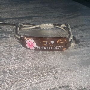 Puerto Rico Brown Coconut Shell Bracelet with Pink Flower